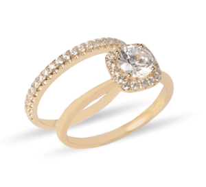 Dúo de anillos de boda en oro 14k con zirconias halo cushion – Sol de Oro Joyería
