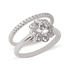 Dúo de anillos de boda en oro 14k con zirconias estilo halo en forma de flor – Sol de Oro Joyería