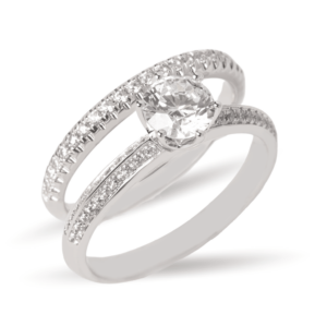 Dúo de anillos de boda en oro blanco 14k con zirconias y montura alta – Sol de Oro Joyería