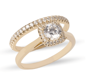 Dúo de anillos de boda en oro 14k con zirconias halo cushion sofisticado – Sol de Oro Joyería