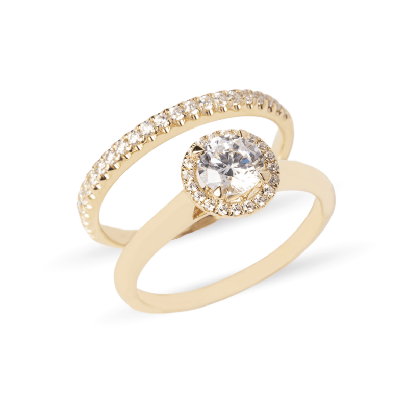 Dúo de Boda oro 14k / Zirconias halo redondo - Imagen 2