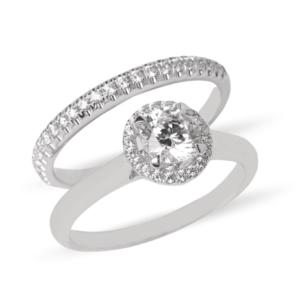 Dúo de anillos de boda en oro 14k con zirconias halo redondo clásico – Sol de Oro Joyería