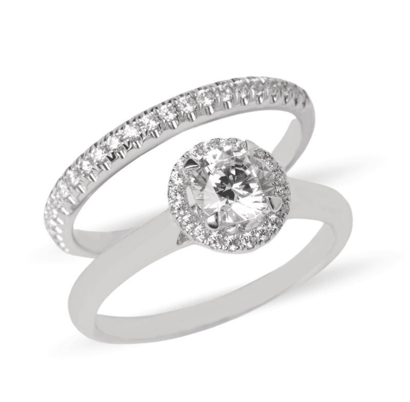 Dúo de anillos de boda en oro 14k con zirconias halo redondo clásico – Sol de Oro Joyería