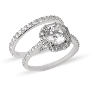 Dúo de anillos de boda en oro blanco 14k con zirconias estilo clásico moderno – Sol de Oro Joyería