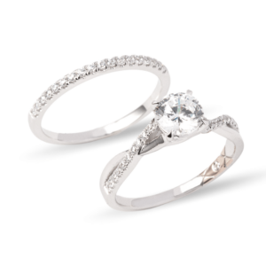 Dúo de anillos de boda en oro blanco 14k con zirconias clásicas – Sol de Oro Joyería