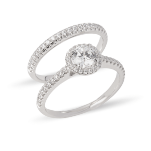Dúo de anillos de boda en oro blanco 14k con zirconias en diseño elegante – Sol de Oro Joyería