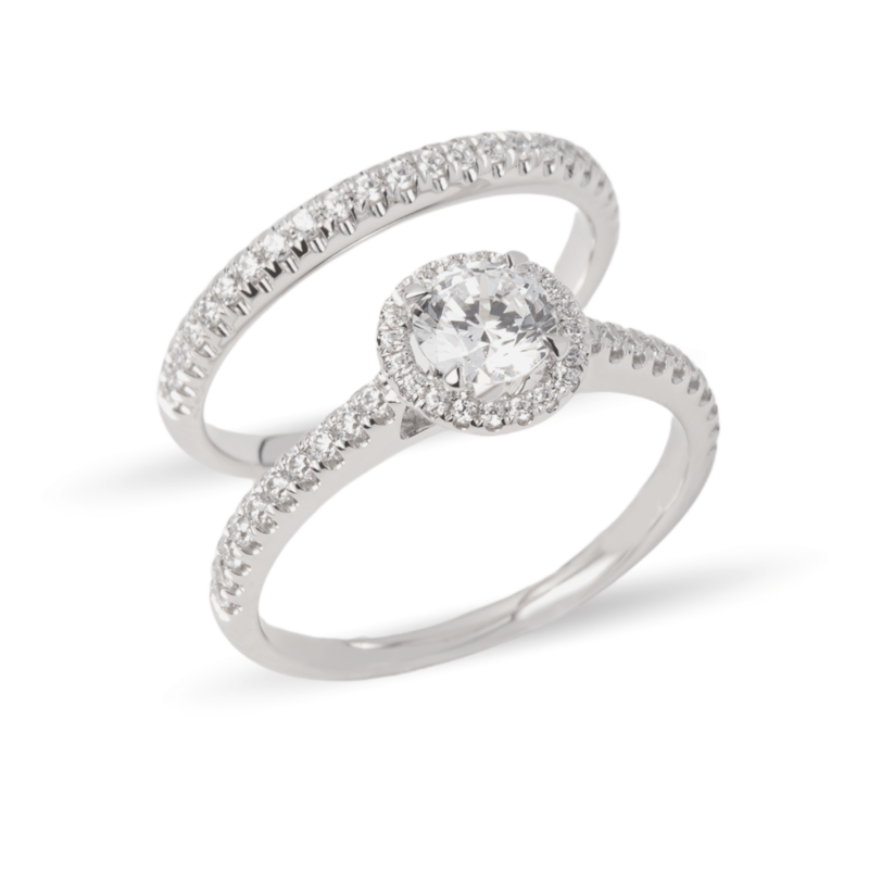 Dúo de anillos de boda en oro blanco 14k con zirconias en diseño elegante – Sol de Oro Joyería