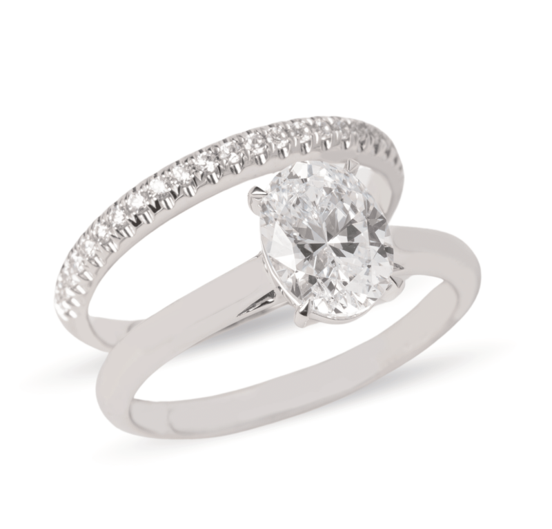 Dúo de anillos de boda en oro blanco 14k con zirconias halo elevado – Sol de Oro Joyería