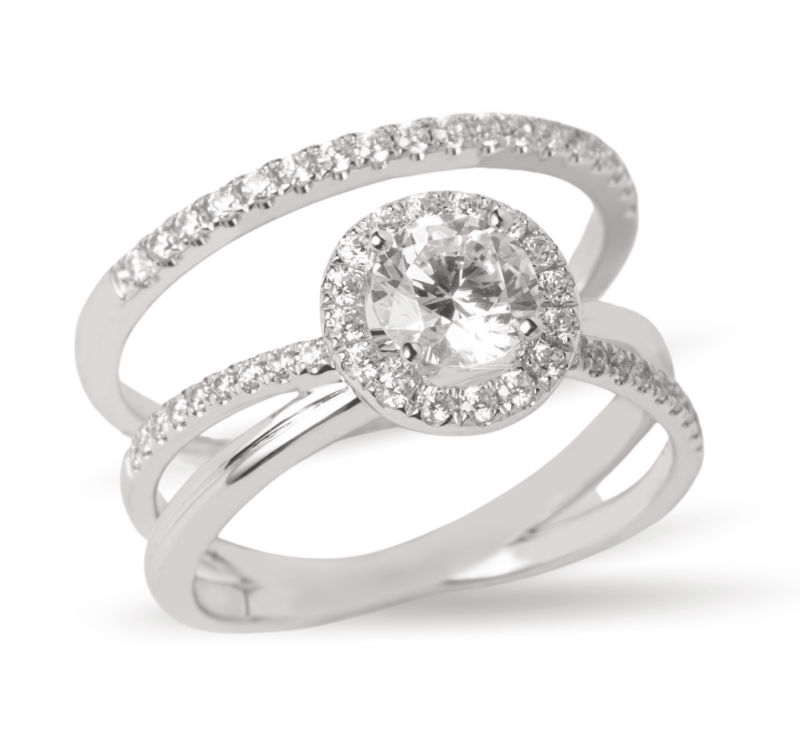Dúo de anillos de boda en oro blanco 14k con halo redondo clásico – Sol de Oro Joyería