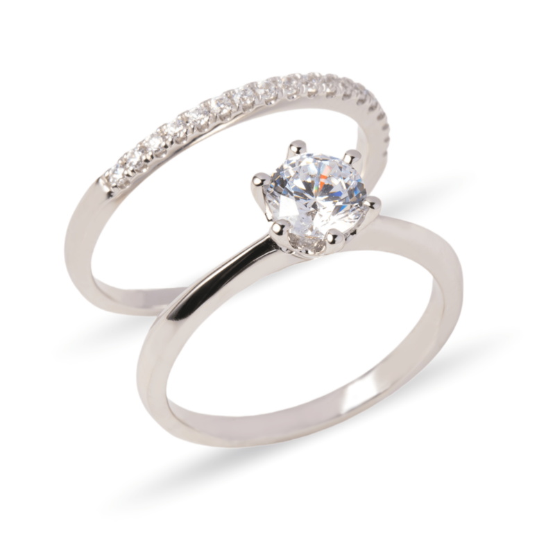 Dúo de anillos de boda en oro blanco 14k con zirconias diseño moderno – Sol de Oro Joyería