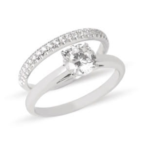 Dúo de anillos de boda en oro blanco 14k con zirconias y montura clásica – Sol de Oro Joyería