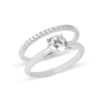 Dúo de anillos de boda en oro blanco 14k con zirconias, anillo solitario elevado – Sol de Oro Joyería