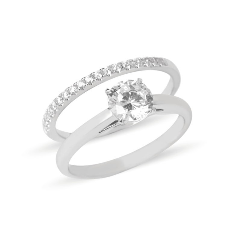 Dúo de anillos de boda en oro blanco 14k con zirconias, anillo solitario elevado – Sol de Oro Joyería