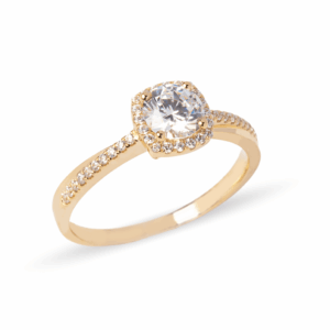 nillo de compromiso en oro 14K con halo cuadrado de zirconias