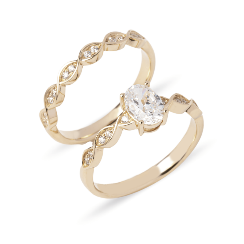 Dúo de anillos de boda en oro 14k con zirconias diseño atemporal – Sol de Oro Joyería