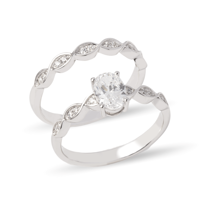 Dúo de anillos de boda en oro blanco 14k con zirconias diseño atemporal – Sol de Oro Joyería
