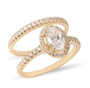 Dúo de anillos de boda en oro blanco 14k con zirconias halo ovalado – Sol de Oro Joyería