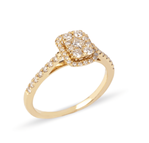 Anillo de compromiso en oro 14K con diamantes en diseño de halo, deslumbrante y elegante.