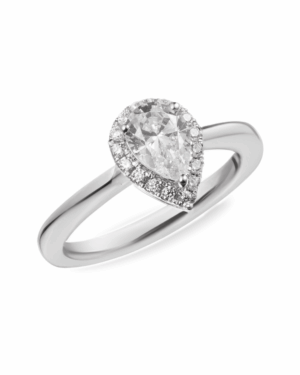 Anillo de compromiso en oro blanco 14K con zirconia corte lágrima rodeada de halo