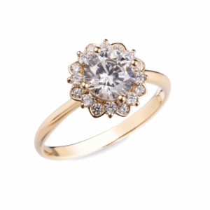 Anillo de compromiso en oro 14K con diseño de flor y zirconia central brillante