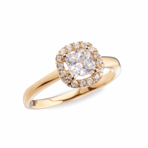 Anillo de compromiso halo corte cushion en oro blanco o amarillo 14K con zirconia central brillante