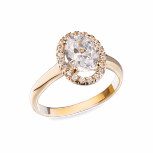 Anillo de compromiso halo oval en oro blanco o amarillo 14K con zirconia central brillante