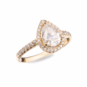 Anillo halo corte pera con banda pavé en oro blanco o amarillo 14K con zirconia central brillante