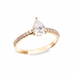 Anillo de compromiso corte pera con banda pavé en oro blanco o amarillo 14K con zirconia brillante