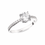 Anillo solitario corte redondo con banda pavé en oro blanco o amarillo 14K con zirconia central brillante