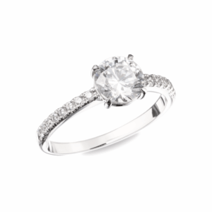 Anillo solitario corte redondo con banda pavé en oro blanco o amarillo 14K con zirconia central brillante