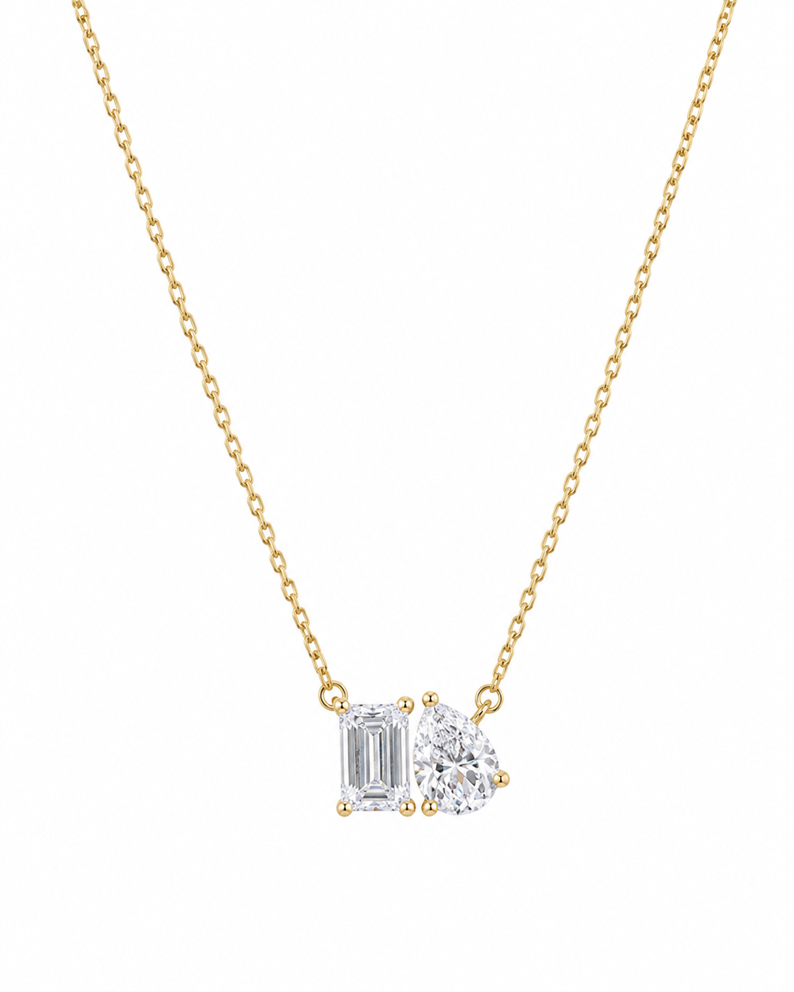 cadena two stone oro 14k zirconias corte esmeralda y pera