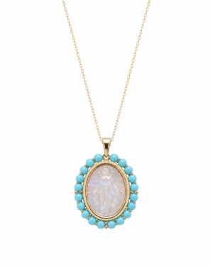 dije milagrosa oro 14k madre perla perlas turquesa