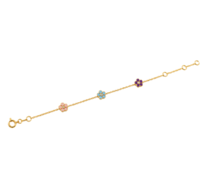 Pulsera Infantil en Oro 14K con Flores Multicolor
