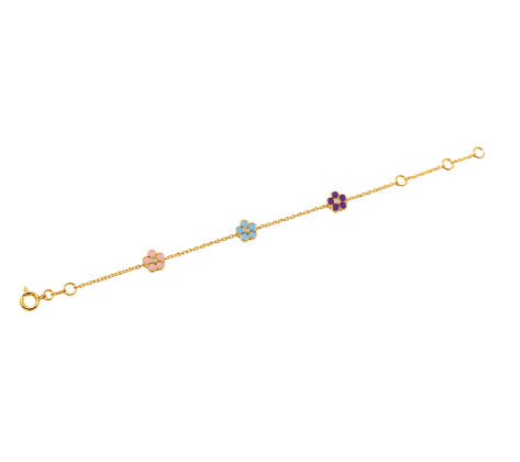 Pulsera Infantil en Oro 14K con Flores Multicolor